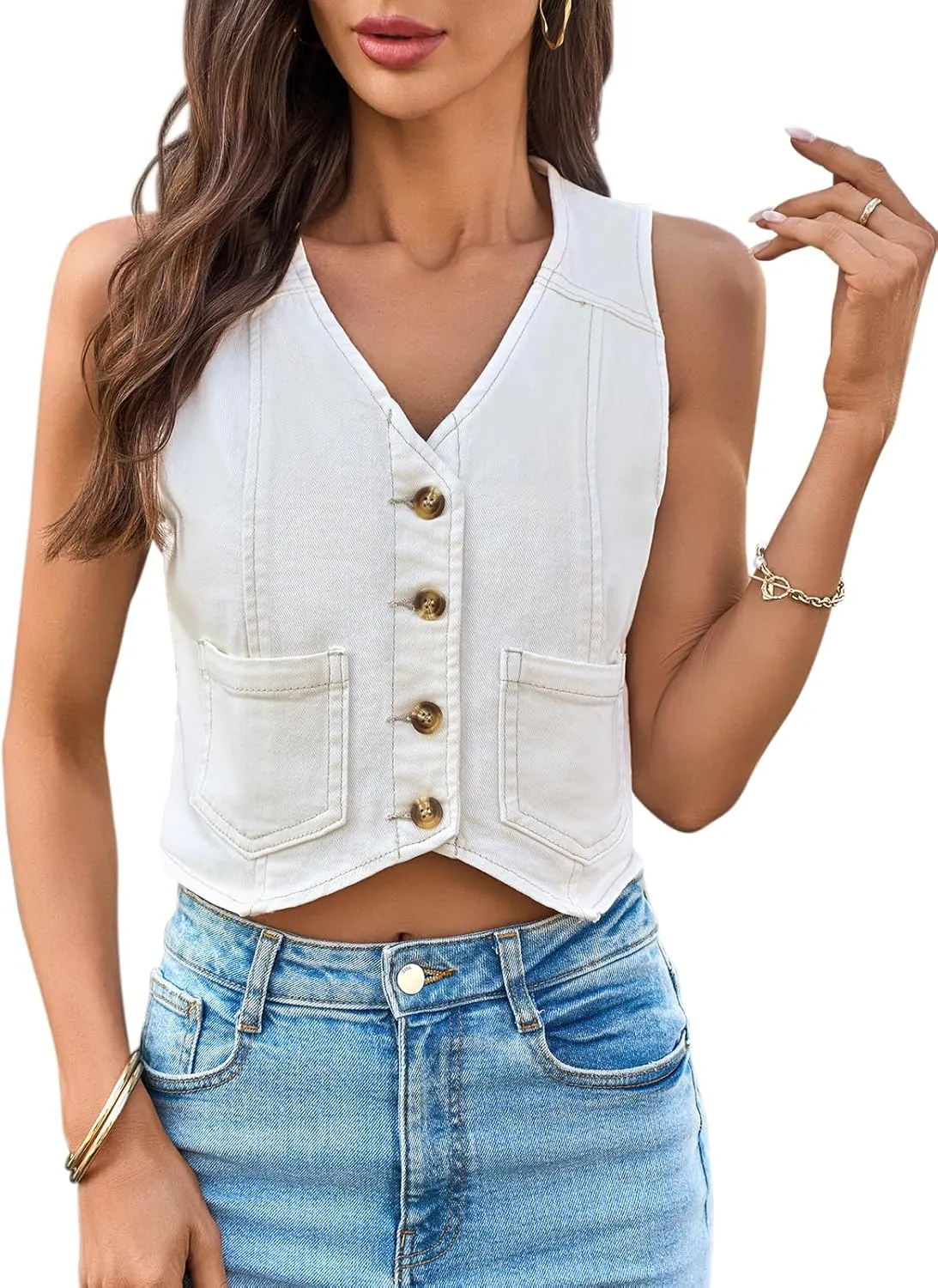 Yousify Women's Summer Tops Denim Vest Sleeveless V Neck Button Down Jean Y2k Crop Jacket With Pocket