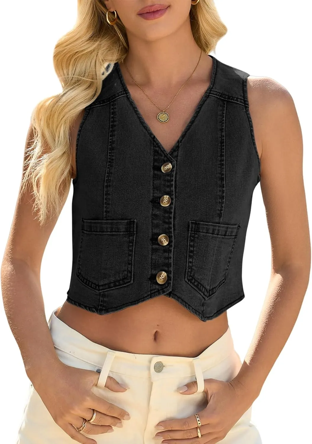 Yousify Women's Summer Tops Denim Vest Sleeveless V Neck Button Down Jean Y2k Crop Jacket With Pocket