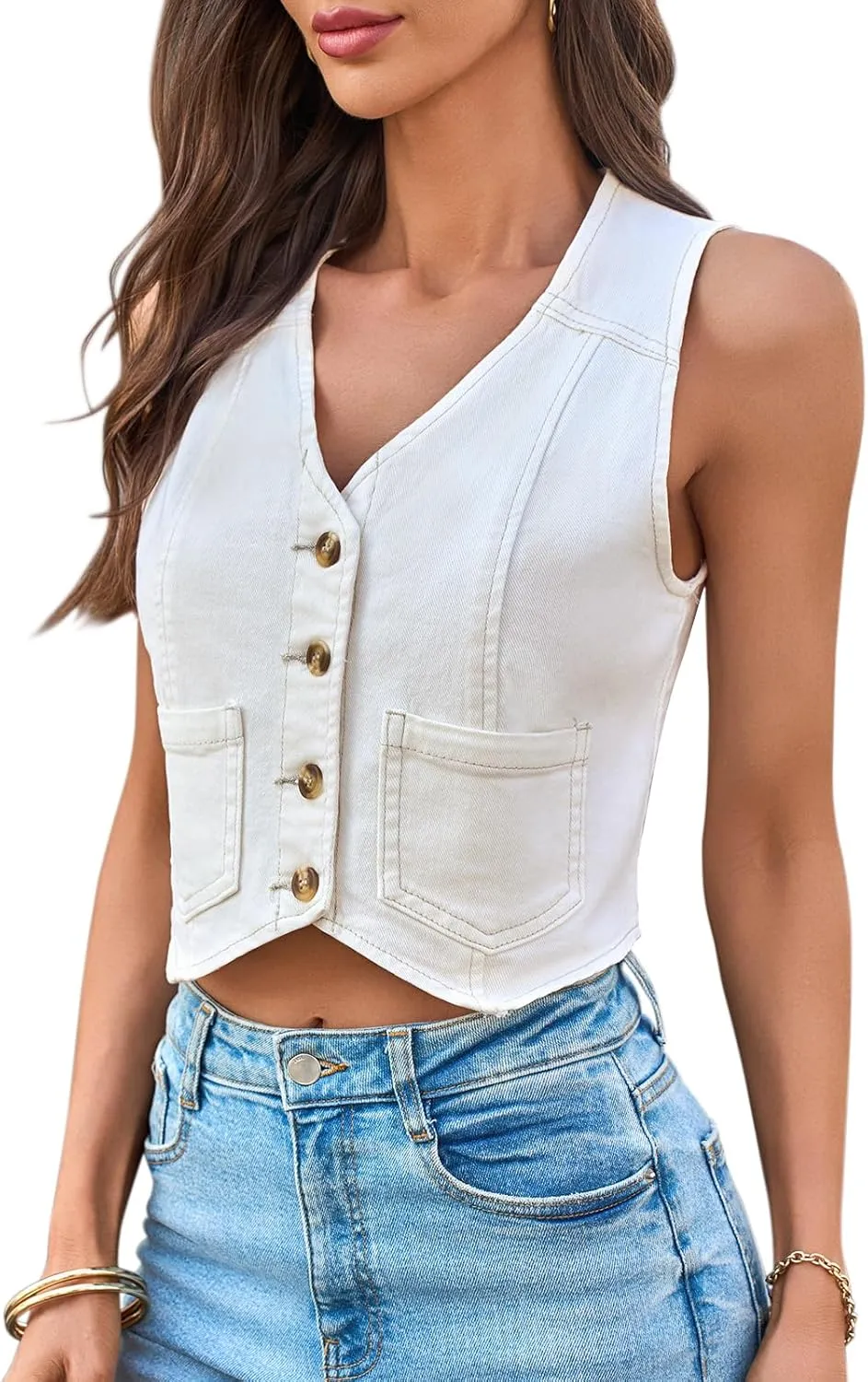 Yousify Women's Summer Tops Denim Vest Sleeveless V Neck Button Down Jean Y2k Crop Jacket With Pocket
