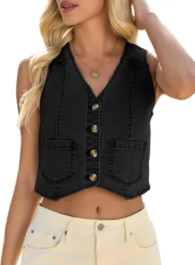 Yousify Women's Summer Tops Denim Vest Sleeveless V Neck Button Down Jean Y2k Crop Jacket With Pocket