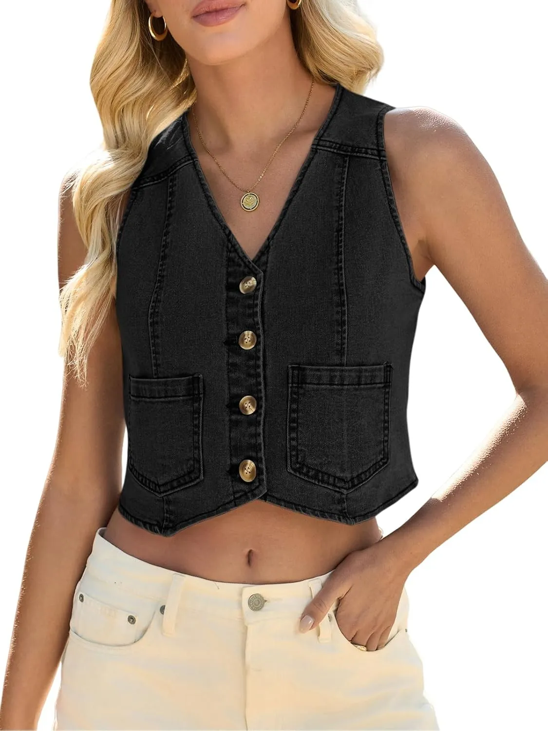 Yousify Women's Summer Tops Denim Vest Sleeveless V Neck Button Down Jean Y2k Crop Jacket With Pocket