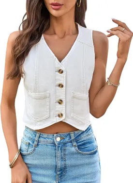 Yousify Women's Summer Tops Denim Vest Sleeveless V Neck Button Down Jean Y2k Crop Jacket With Pocket