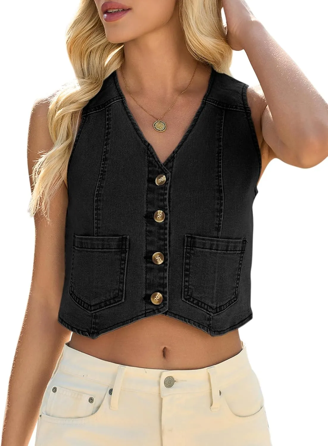 Yousify Women's Summer Tops Denim Vest Sleeveless V Neck Button Down Jean Y2k Crop Jacket With Pocket