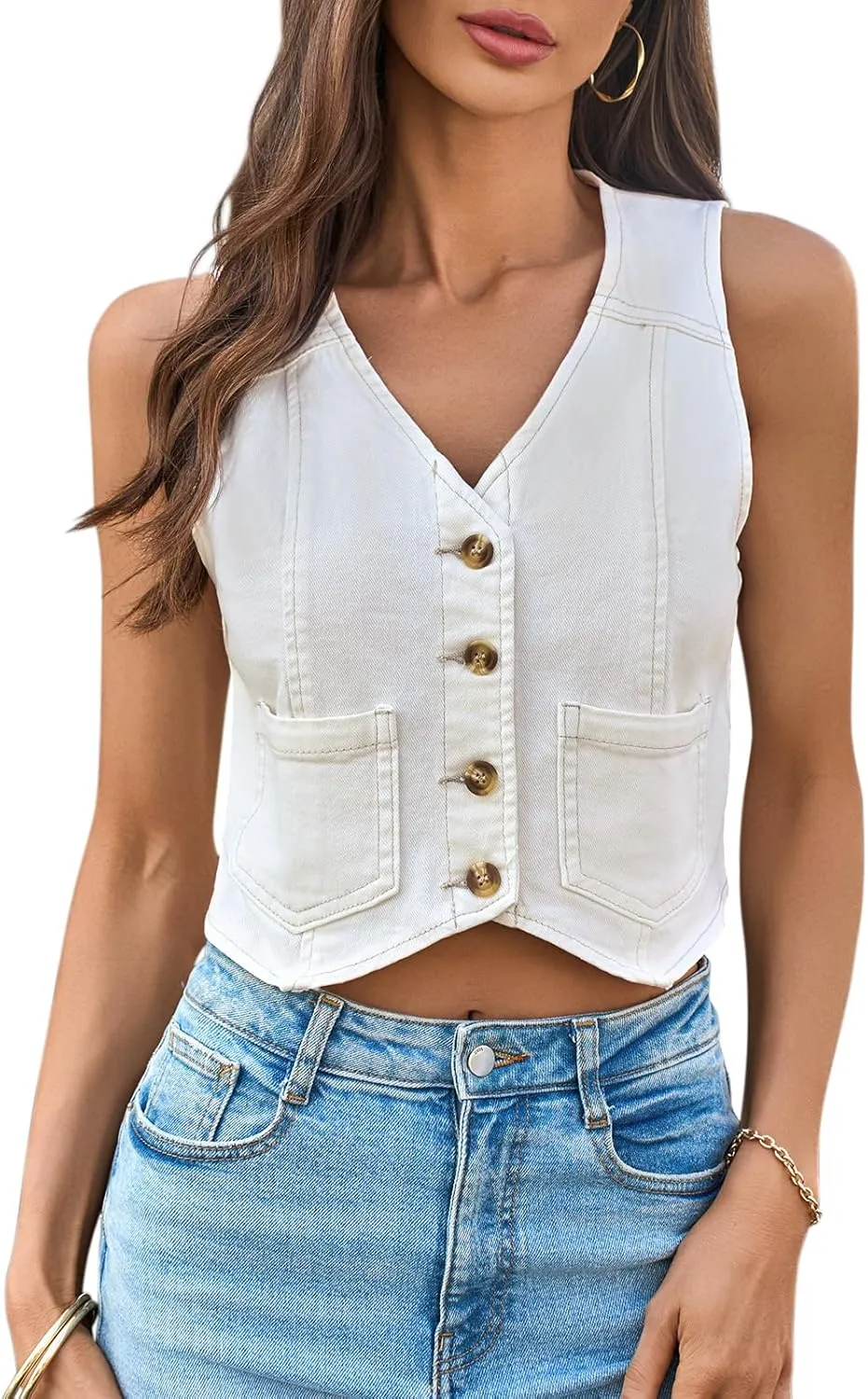Yousify Women's Summer Tops Denim Vest Sleeveless V Neck Button Down Jean Y2k Crop Jacket With Pocket
